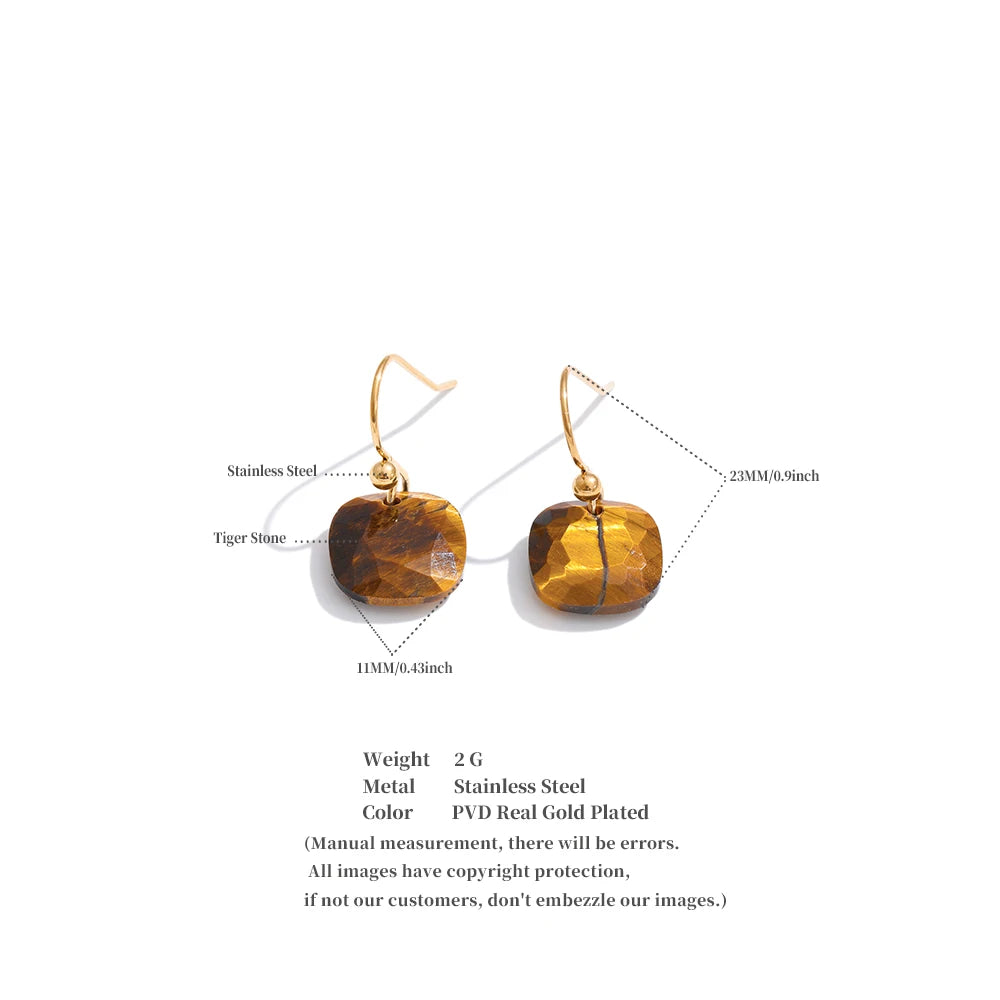 Yhpup Stainless Steel Square Drop Charm Earrings Natural Tiger Agate Shell France Exquisite Jewelry 14K Golden PVD Plated Gift