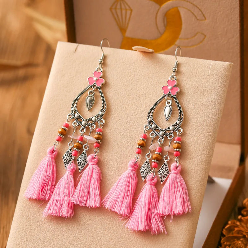 Fashion Bohemian Heart Flower Enamel Geometric Tassel Earrings For Women Irregular Stone Beads Handmade Boho Wedding Jewelry