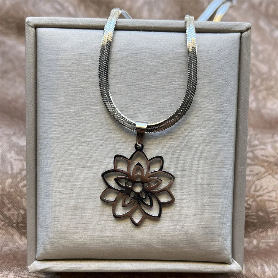 Unalome Lotus Pendant, Stainless Steel Yoga Sacred Path Necklace