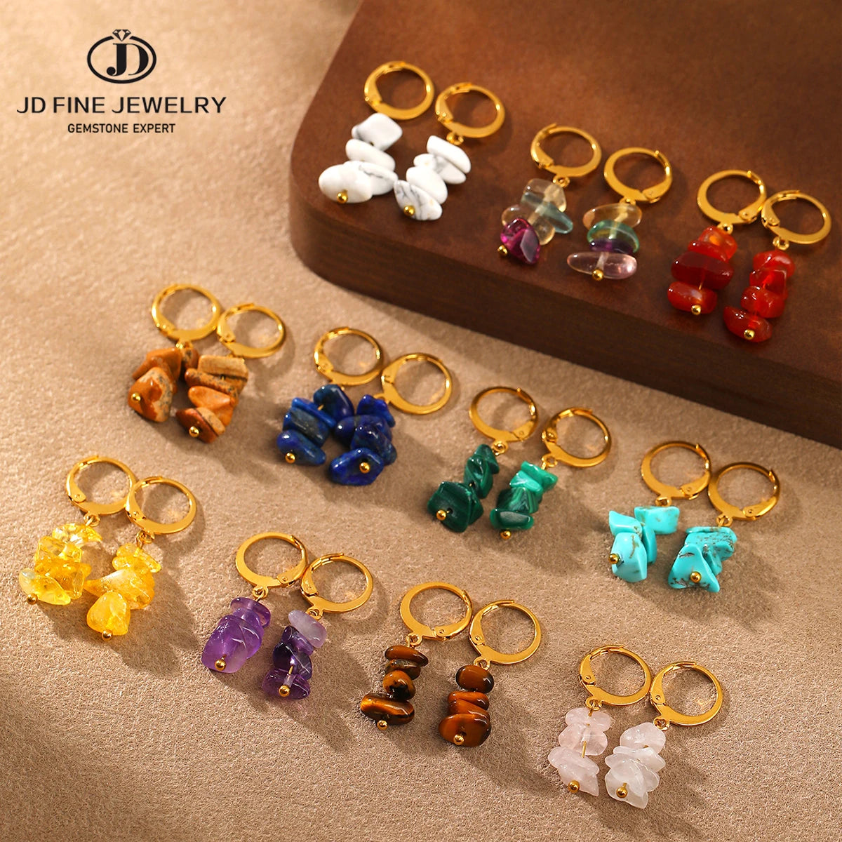 JD Bohemia Natural Stone Gravel Pendant Golden Hoop Earrings Women Raw Amethyst Chips Charms Dangle Reiki Healing Earring Gift