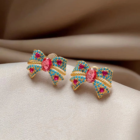 Red Crystal Zircon Bow Earrings Jewelry