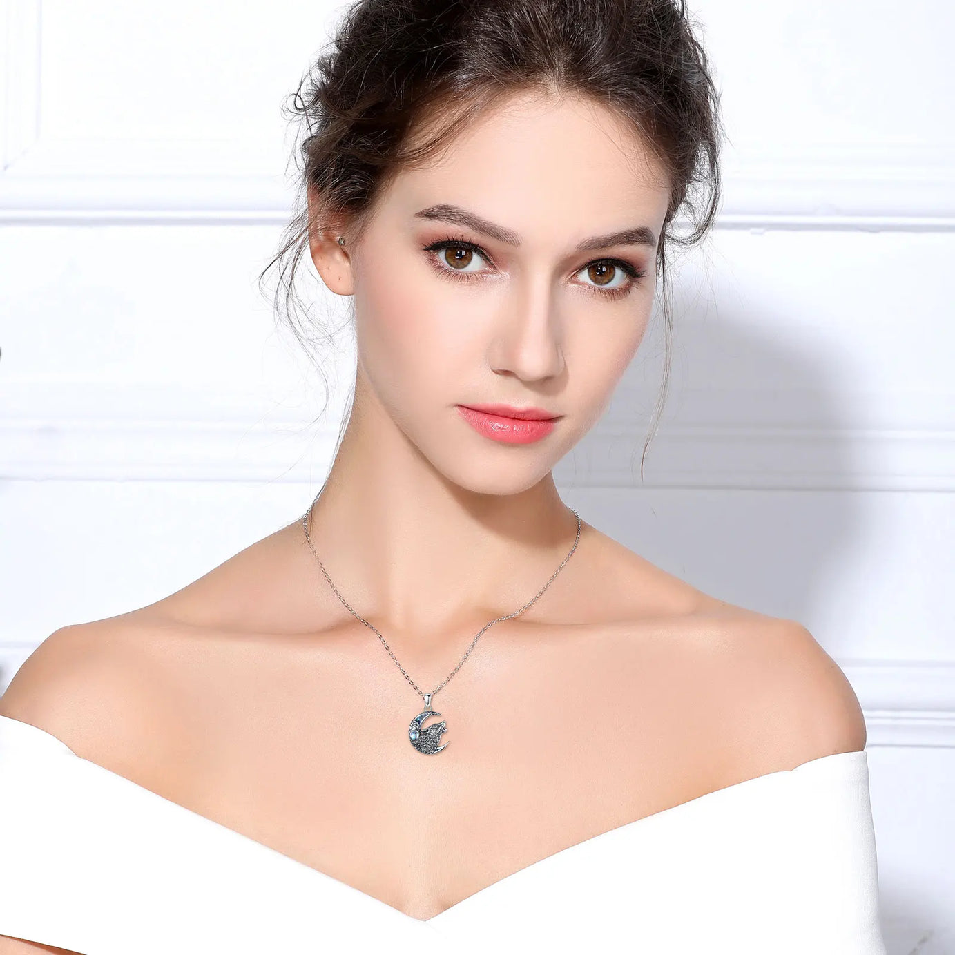 Wolf on the Moon Necklace with Moonstone, S925 Sterling Silver