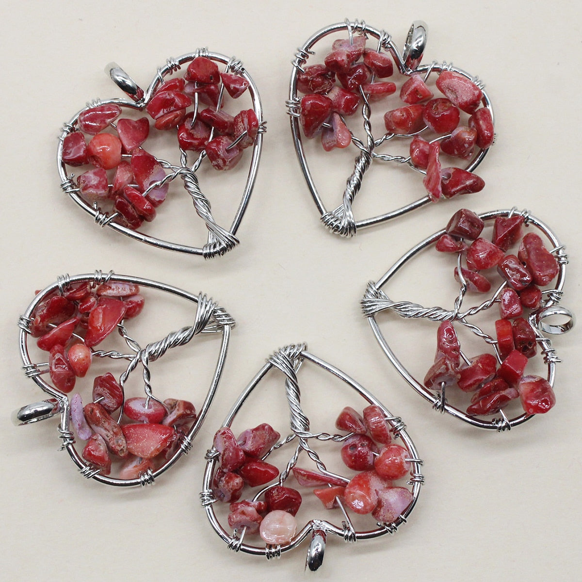 7 Chakra Natural Stone Tree of Life Pendant Necklace Handmade Heart Quartz Crystal Pendant DIY Accessories 10Pcs Wholesale - Charlie Dolly