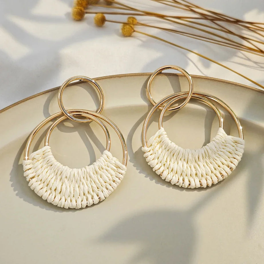 Raffia Straw Woven Boho Hoop Earrings Jewelry