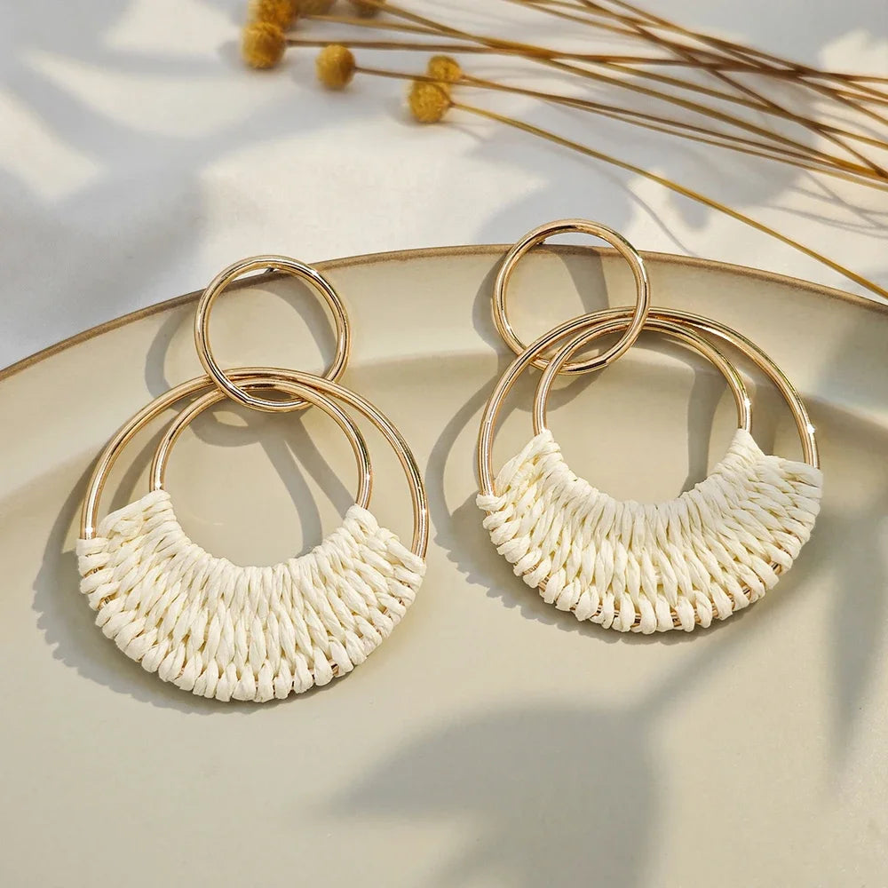 1 or 4 PAIRS Bohemia Summer Beach  Raffia Boho Hoop Earrings for Women Straw Wicker Rattan Dangle Round Drop Earrings