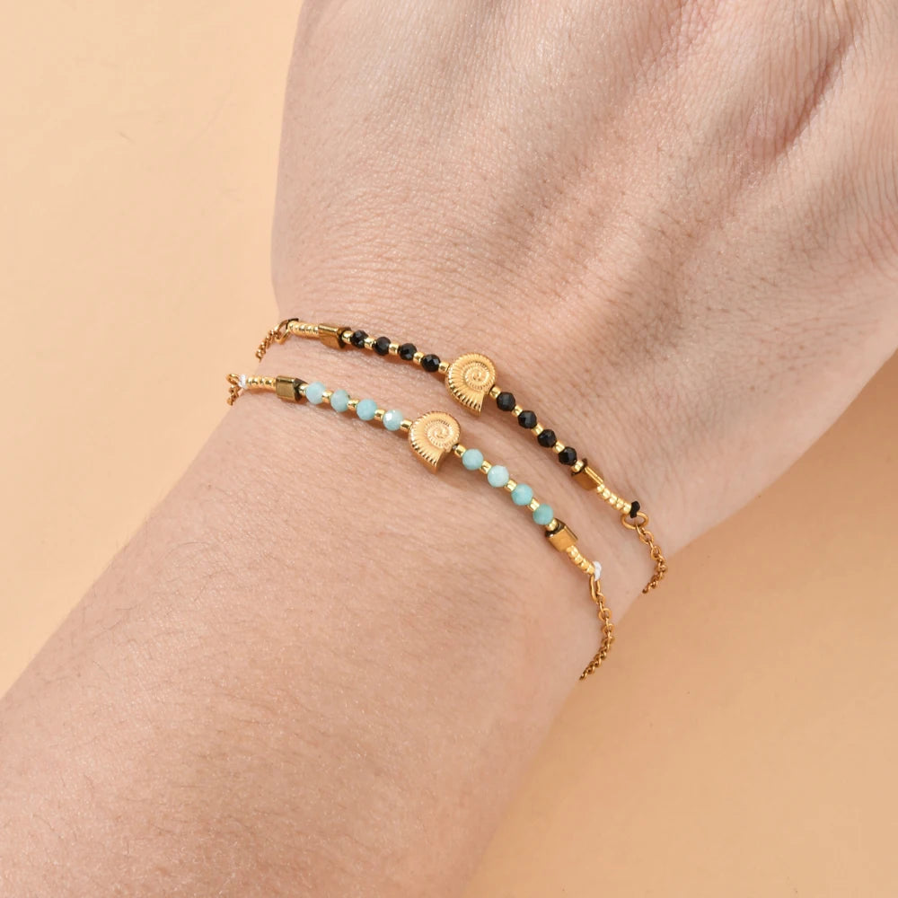 Cute Seashell Thin Natural Stone Bracelets for Women Beads Stainless Steel Chain Bracelet Minimalist Pulseras Boho Jewelry