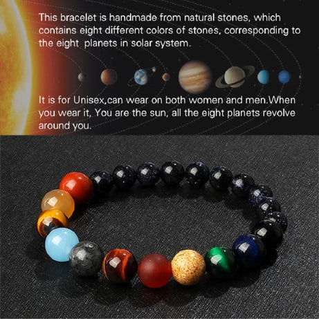 Nine Planets Solar System Beaded Bracelet, Natural Stone Galaxy Cosmic Talisman