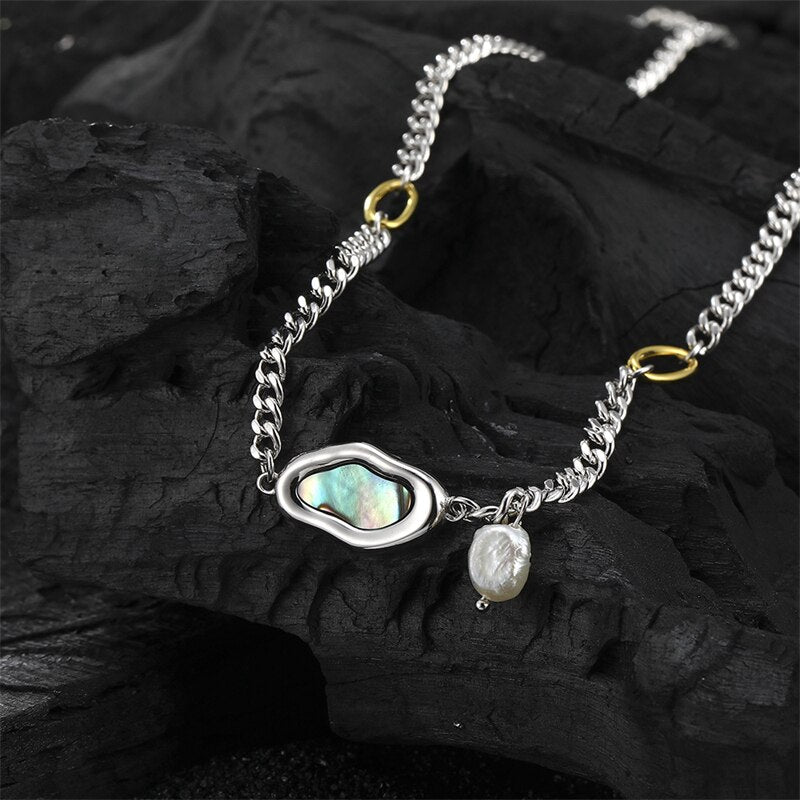 925 Sterling Silver Abalone Shell Necklace French Light Luxury Irregular Baroque Freshwater Pearl Necklace Women Fine Jewelry