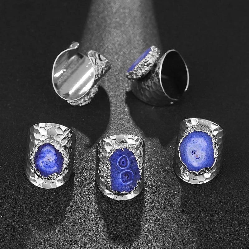 Boho Irregular Natural Stone Sunflower Agate Slices Ring Wide Open Ring for Women Silver Plated Resizable Finger Jewelry