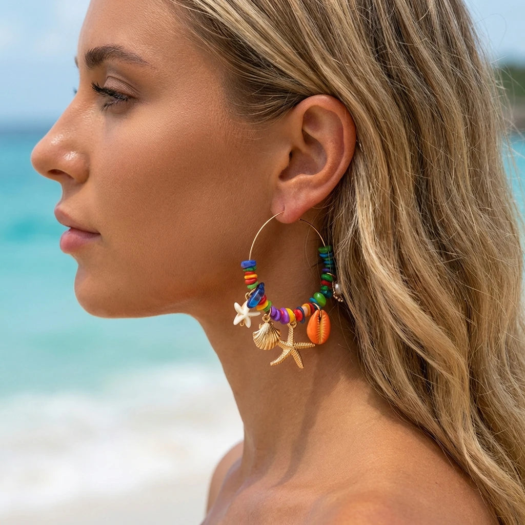 Colorful Irregular Stone Hoop Earrings for Women Y2K Boho Starfish Shell Dangle Earrings Summer Beach Vacation Festival Jewelry