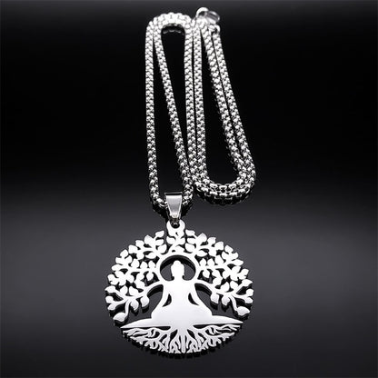 Buddhism Meditation Buddha Yoga Pendant Necklace Stainless Steel Tree of Life Necklace Buddhist Jewelry collares para mujer