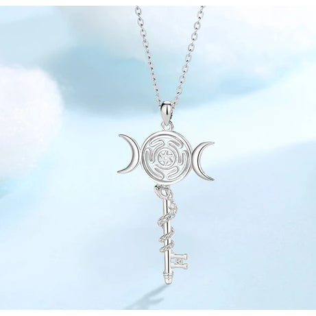 Sterling Silver 925 Hekate Wheel Triple Moon Goddess Necklace, Snake Key Witch Amulet