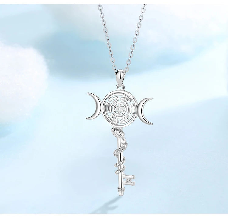 Eudora 925 Sterling Silver Hekate Wheel Necklace for Women Snake Key Triple Moon Goddess Pendant Witch Jewelry Personality Gift
