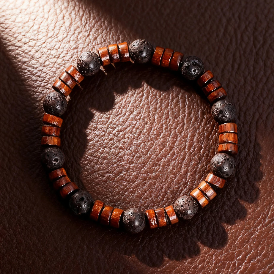 Natural Stone & Wood Bead Boho Protection Bracelet, Handmade Grounding Talisman