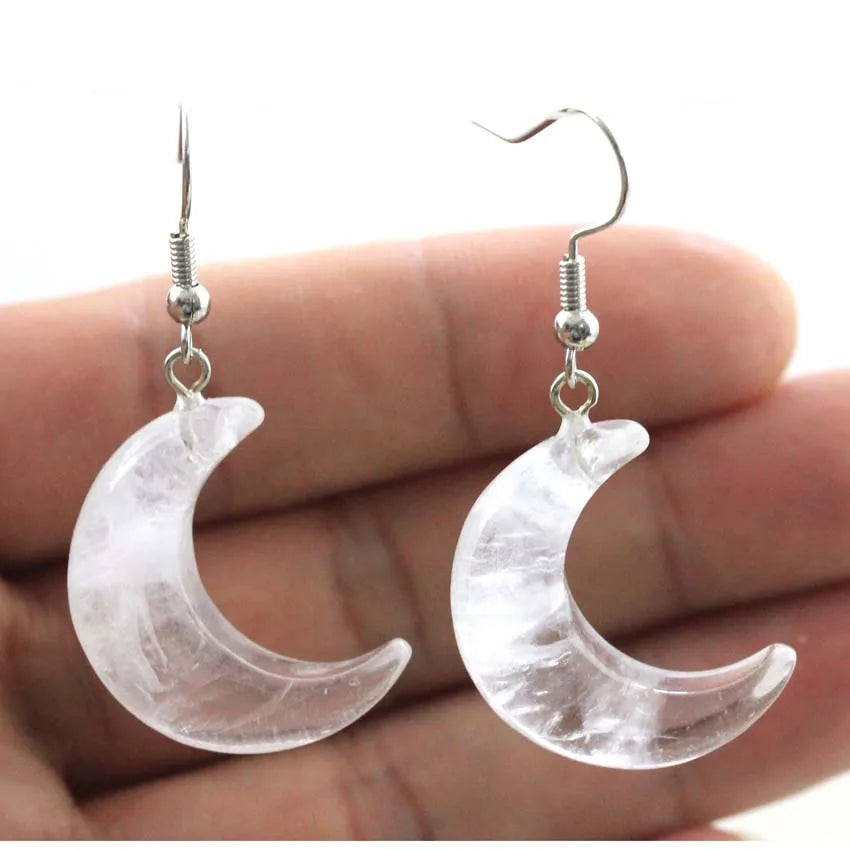Crescent Moon Crystal Stone Earrings Natural Amethyst Rose Quartz Lapis Lazuli Black Agate Tiger Eye Stone Dangle Hook Earring