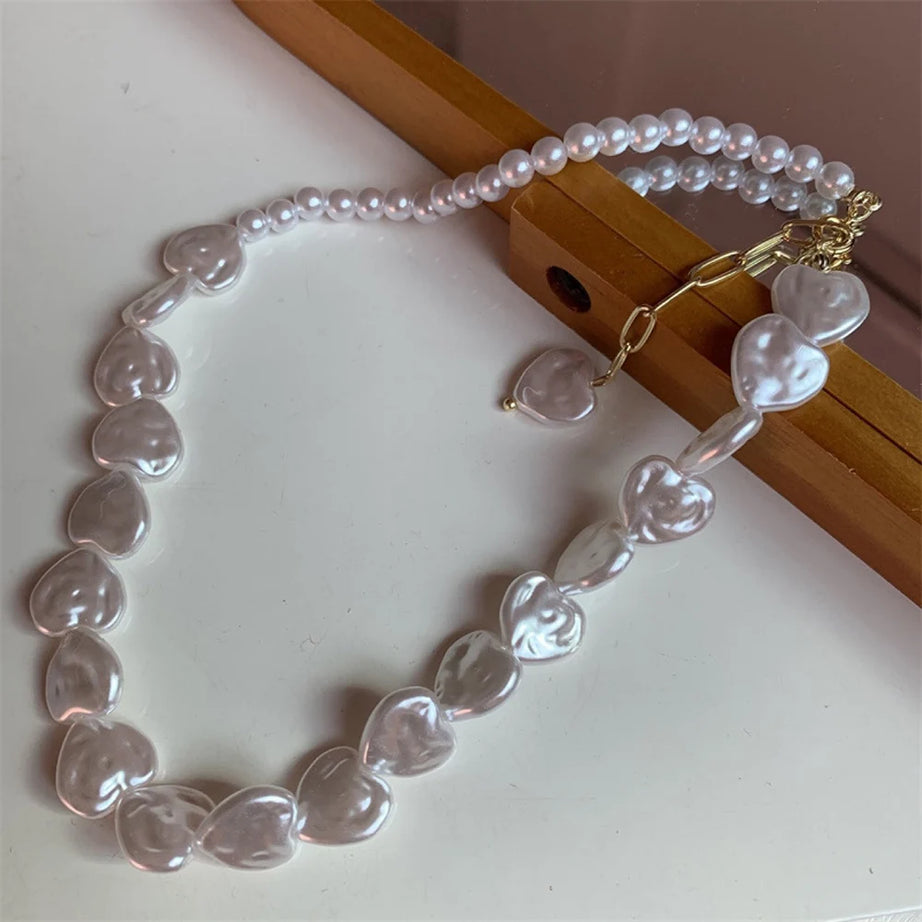 Irregular Pearl Multilayer Heart Pendant Boho Choker