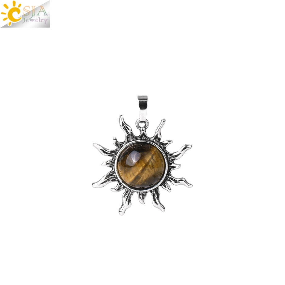CSJA Vintage Sun Flower Pendant Natural Stone Crystal Necklace Genuine Round Amethysts Pink Quartz Obsidian Lapis Lazuli H120 - Charlie Dolly