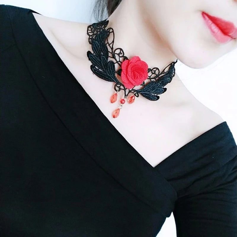 Halloween Choker Necklace for Women Rhinestone Pendant Lace Gothic Necklace for Steampunk Royal Court Vampire Costume Jewelry - Charlie Dolly