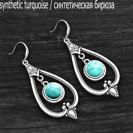 Round Amethysts Drop Earrings For Women Tibetan Silver Natural Stone Rose Quartz Lapis Lazuli Tiger Eye Fashion Dangle Earring - Charlie Dolly