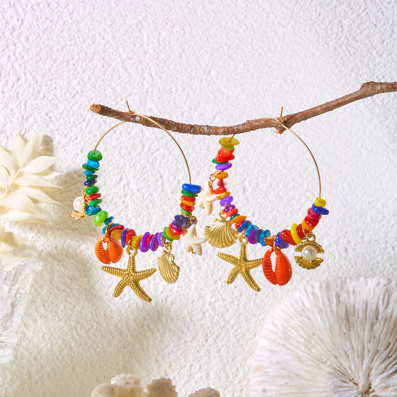 Y2K Starfish, Shell and Irregular Stone Hoop Earrings