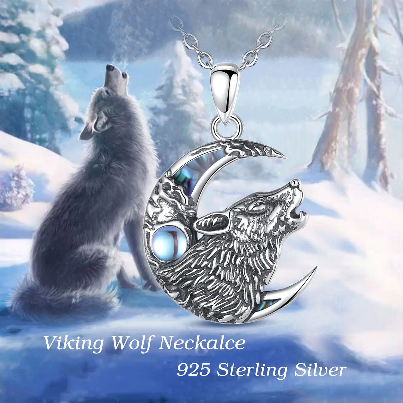 Wolf on the Moon Necklace with Moonstone, S925 Sterling Silver