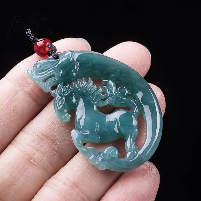 Real Natural Myanmar Emerald Blue Water Jade Hollow-out Horse Card Pendant Necklace Carved Jewelry Fashion Amulet Certificate