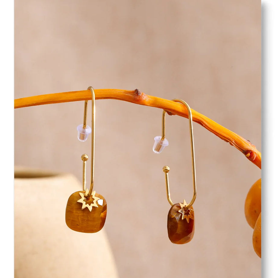 Natural Stone Square Drop Earrings, Tiger Eye Agate 14K Gold Waterproof Stainless Steel Jewelry
