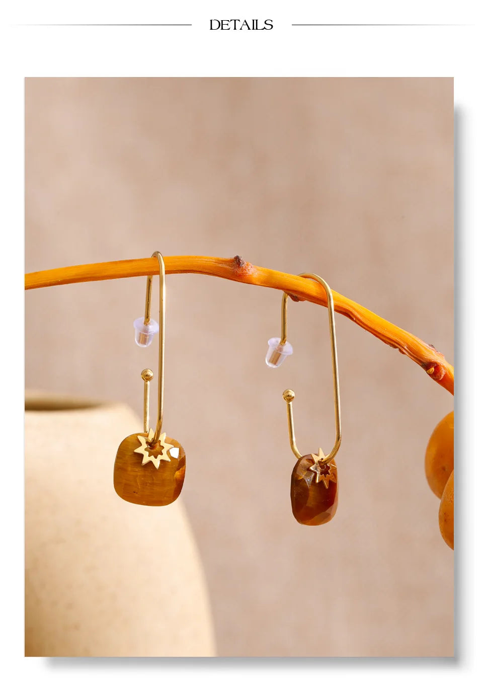 Yhpup Stainless Steel Natural Tiger Agate Stone Square Drop Earrings 14K Gold PVD Plated Chic French Fashion Waterproof Jewelry