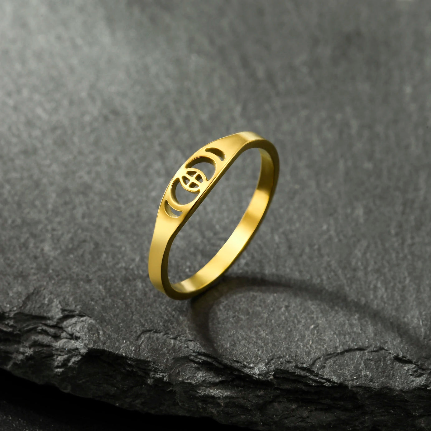 Crescent Moon Phase Ring, Stainless Steel Trendy Celestial Band Talisman