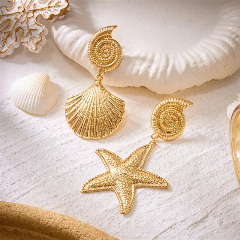 Boho Starfish Shell Asymmetric Dangle Earrings for Women Ocean Style Conch Scallop Pearl Earring Summer Beach Party Jewelry Gift