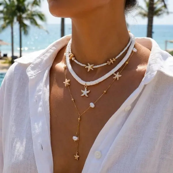 Boho Multilayer Shell Starfish Pendant Necklace for Women Handmade Beaded Imitation Pearl Choker Beach Party Jewelry Gift