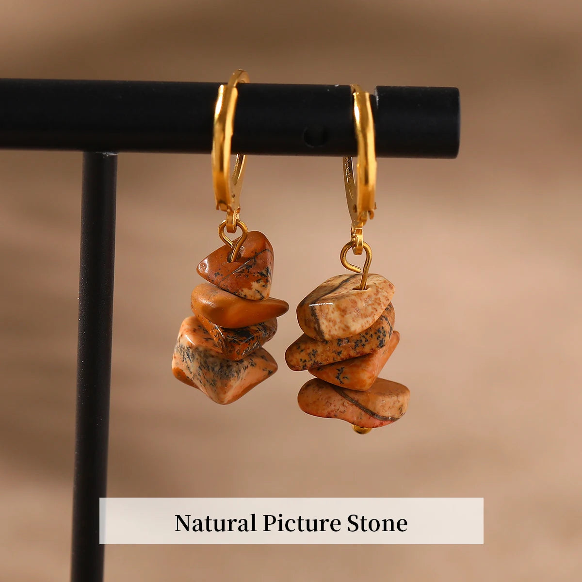 JD Natural Stone Amethyst Chips Golden Hoop Earrings Women Bohemian Crystal Gravel Handmade Reiki Healing Earring Jewerly Gift