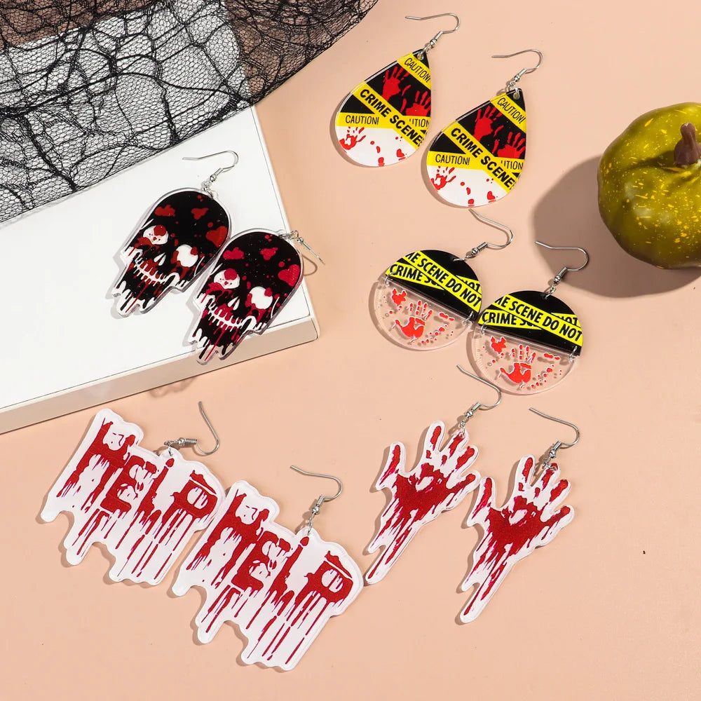 Horror Bleeding Hand Acrylic Halloween Earrings for Women New Gothic Blood Skull HELP Drop Pendant Earring Party Jewelry Gifts - Charlie Dolly