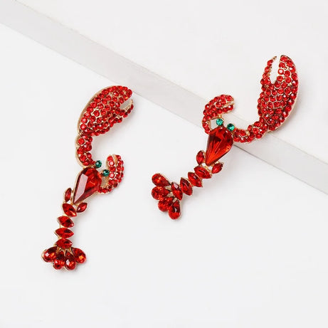Red Rhinestone Lobster Ocean Dangle Earrings Jewelry