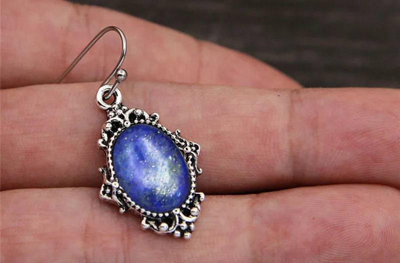 Vintage Look Natural Stone Lapis Lazuli Jewelry Sets Solid Silver Plated Necklace Earrings Flower Fashion Jewelry