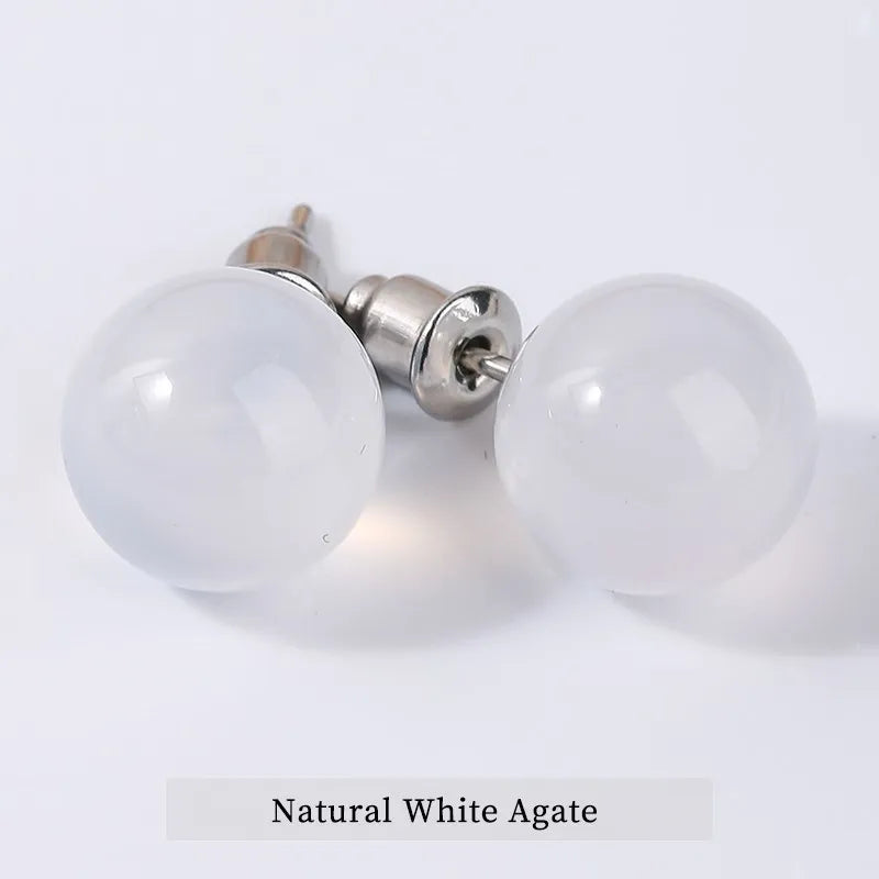 Natural Stone Agate Quartz Lapis Lazuli Tiger Eye Round Bead Stud Earrings Women Fashion Simple Stainless Steel Crystal Ear Stud