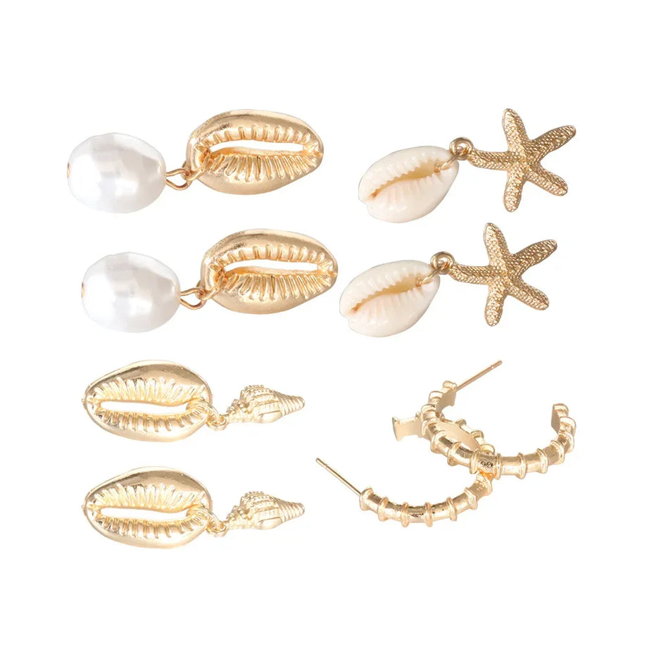 Shell, Starfish and Pearl Bohemian Earring Set (4 Pairs)