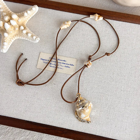 Starfish, Nautilus and Conch Wax Rope Clavicle Necklace