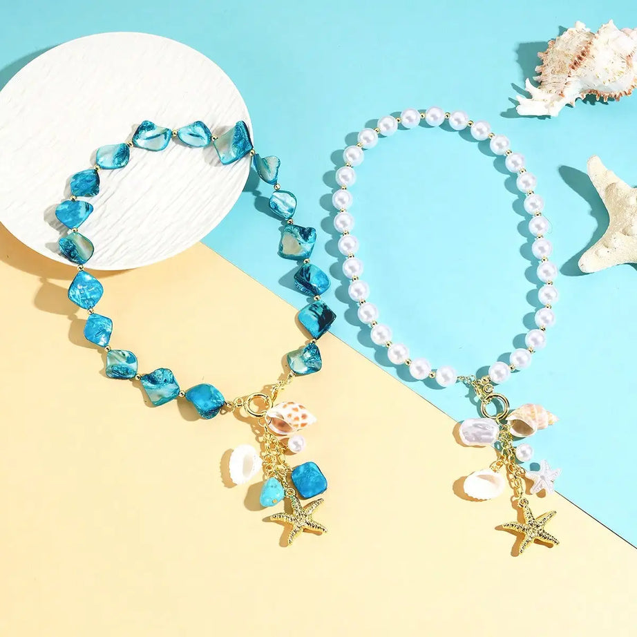 Blue Seashell Irregular Pendant Boho Necklace