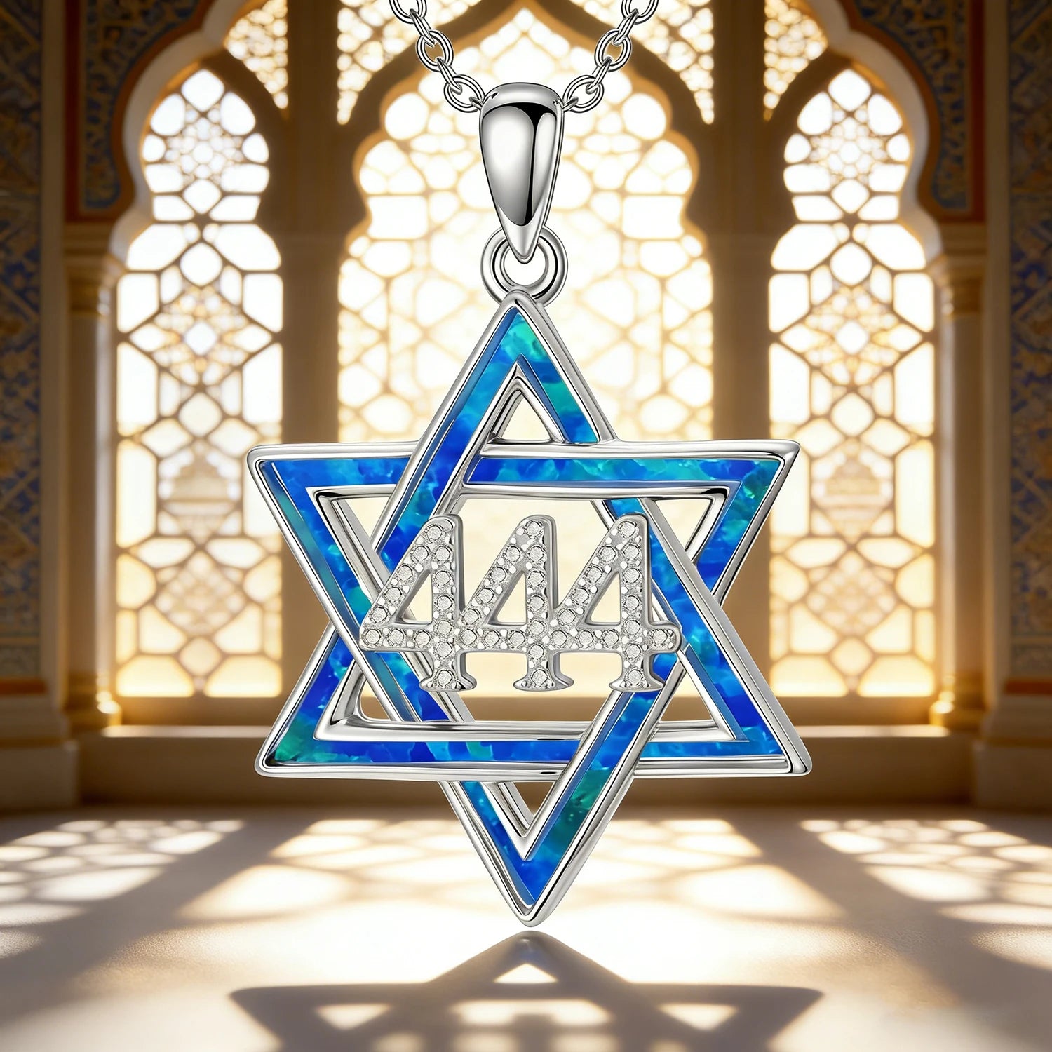 444 Angel Number Star of David Pendant Spiritual Protection Jewelry,Blue Opal Inlay,Cubic Zirconia,Men & Women’s Faith Necklace