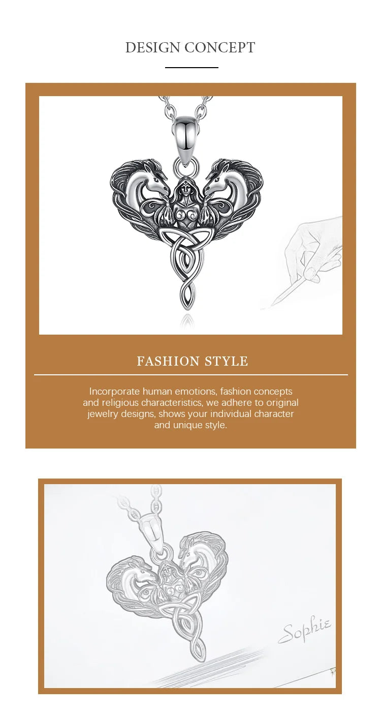 Eudora 925 Sterling Silver Celtic Horse Girl Pendant Goddess Trinity Knot Necklace Pagan Spiritual Jewelry Gift for Women Men