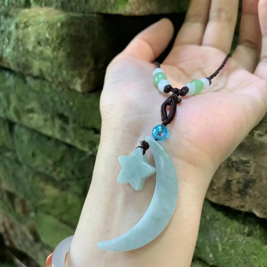 Grade A Natural Myanmar Jade Star Moon Pendant Necklace, Lucky Talisman