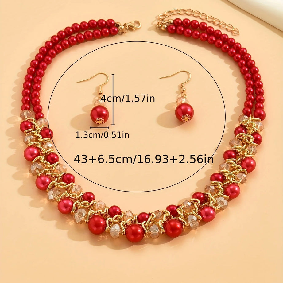 Gemstone Double Layer Necklace Earring Set Jewelry