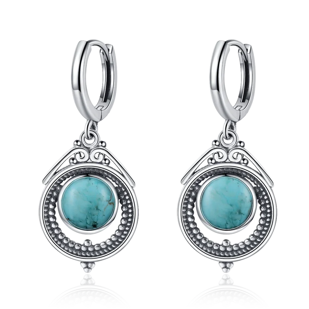 Natural Stone Sun Flower Hoop Earrings for Women, Vintage Antique Silver Turquoise Amethyst Labradorite Dangle Earring Wholesale