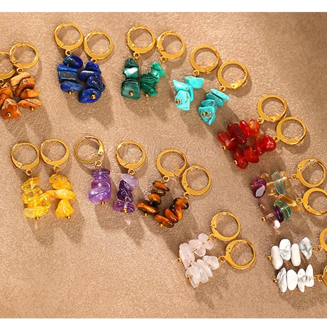 Raw Crystal Chip Dangle Hoop Earrings, Natural Gemstone Reiki Healing Boho Jewelry