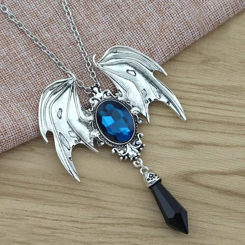 New Goth Halloween Necklace Blue Crystal Vampire Bat Pendant Blue Black Crystal Choker Necklace Punk Jewelry - Charlie Dolly