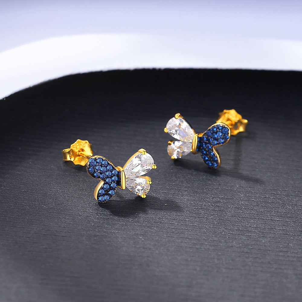 CZCITY Sapphire Blue Cubic Zirconia 925 Sterling Silver Butterfly Stud Earrings Gold Plated Unusual Luxury Party Fine Jewelry - Charlie Dolly