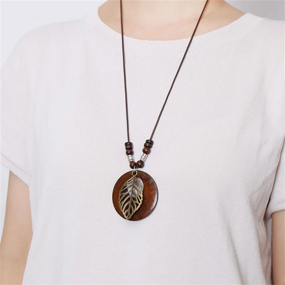 Wood Owl Leaf Pendant Wax Rope Necklace Jewelry