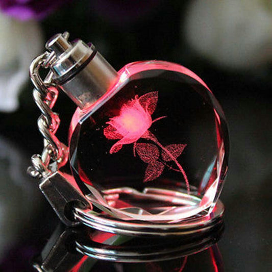 Fashion Colorful Fairy Rose Flower Pattern Love Shape Crystal Rhinestone LED Light keychain Lover Key Chain Keyring Jewelry - Charlie Dolly