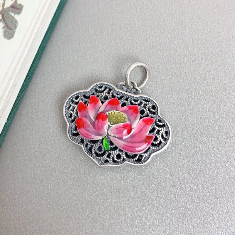 Vintage Enamel Pink Lotus Flower Heart Sutra Necklace for Women Hollow Out Ruyi Pendant Clavicle Chain 925 Silver Jewelry